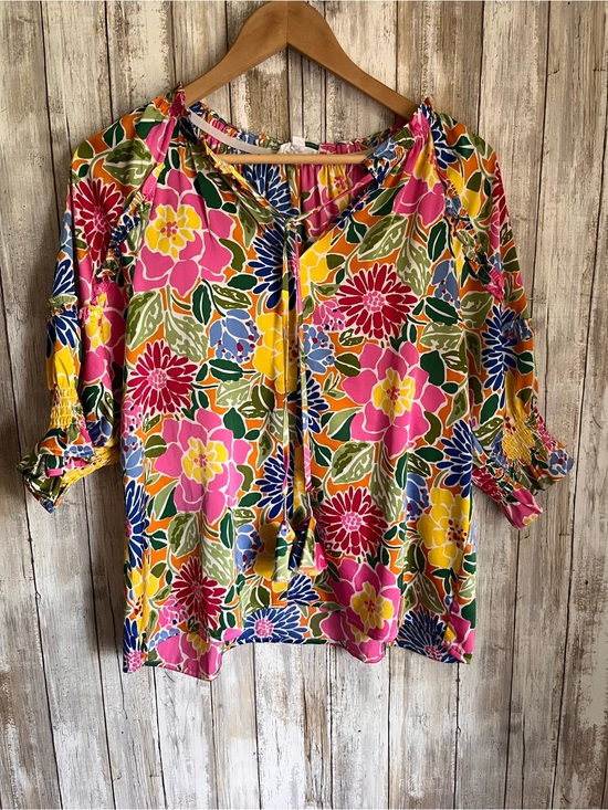 THML Tops - THML Floral Tassel Tie Blouse Smocked Sleeve Ruffle Top Medium Boutique